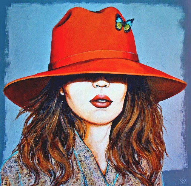 Living room painting by Renata Magda titled red hat