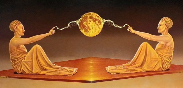 Living room painting by Mariusz Zdybał titled Tesla Generator