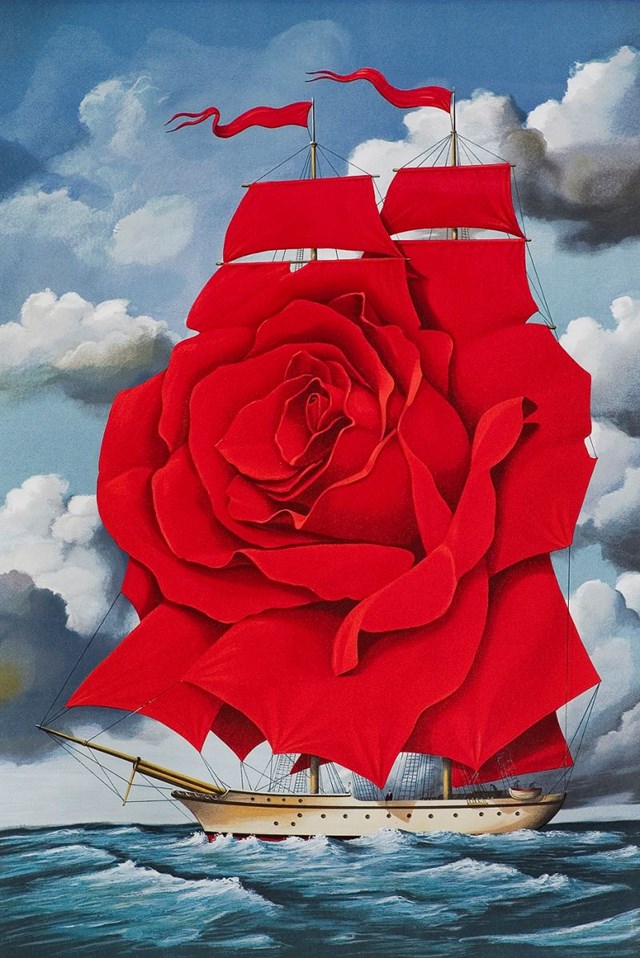 Living room print by Rafał Olbiński titled Red rose ship (100/350)