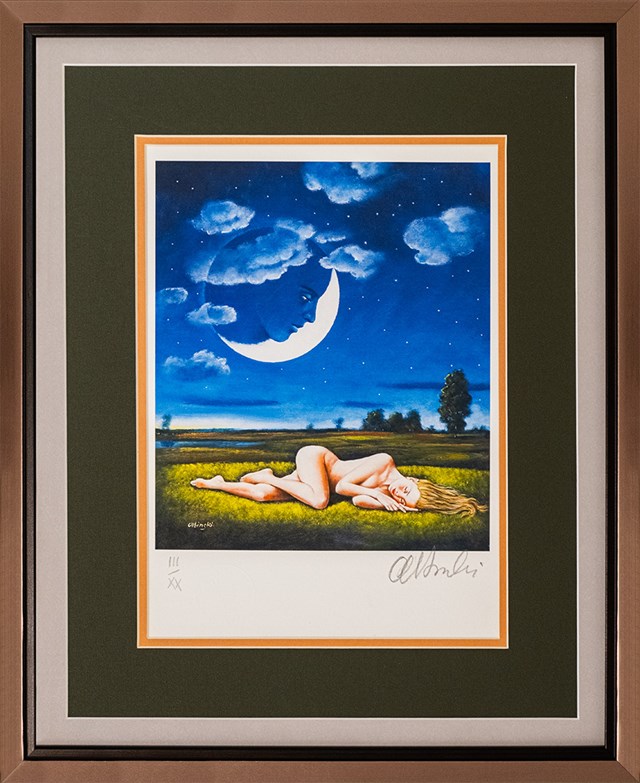 Grafika do salonu artysty Rafał Olbiński pod tytułem Śpiąca pod gołym niebem
