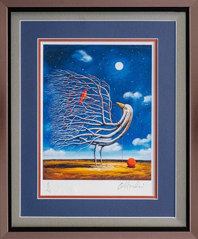 Living room print by Rafał Olbiński titled Making a nest II from XX