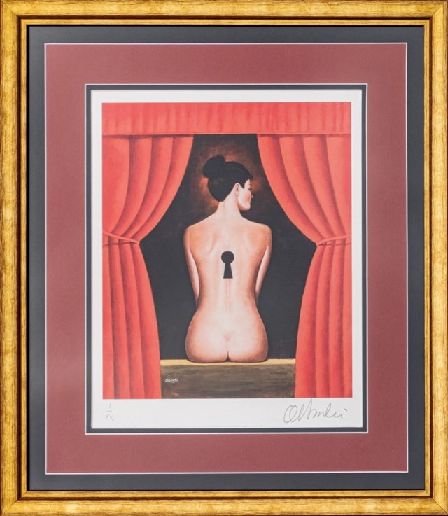 Living room print by Rafał Olbiński titled The Key to a Woman, I/XX