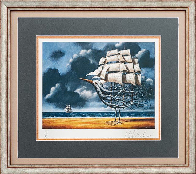 Living room print by Rafał Olbiński titled Sailing Ships I/XX