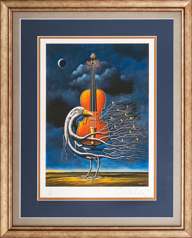 Living room print by Rafał Olbiński titled Nocturne for Violin I/XX