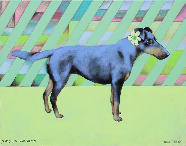 Living room painting by Małgorzata Łodygowska titled Gauguin's dog