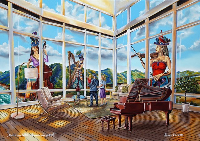 Living room painting by Krzysztof Żyngiel titled Melody Polyphony