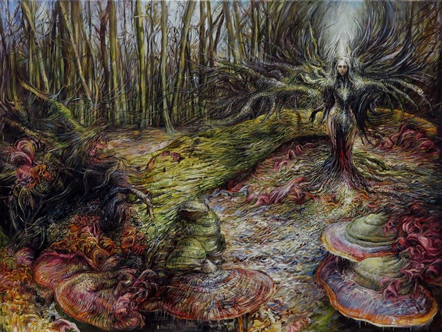 Obraz do salonu artysty Andrzej Masianis pod tytułem Medeina -Bogini Lasów pogańskich prusów