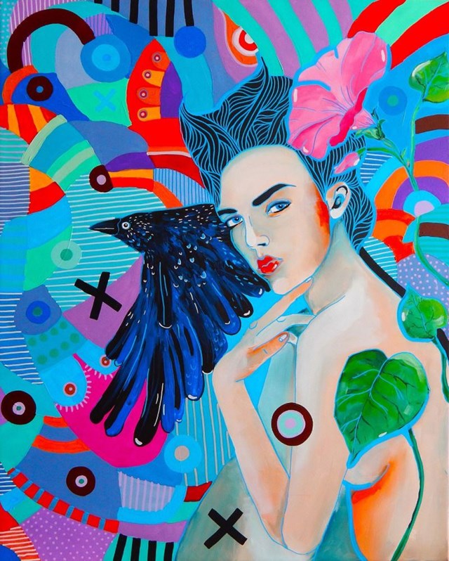 Obraz do salonu artysty Marcin Painta pod tytułem Ona i kruk