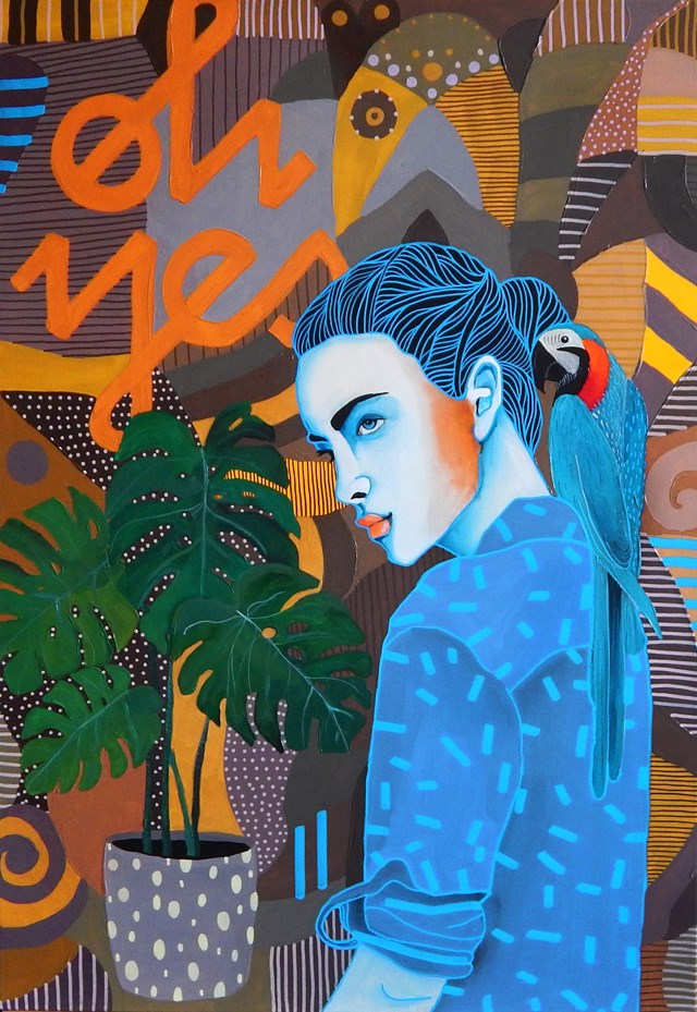 Living room painting by Marcin Painta titled Ona i monstera II