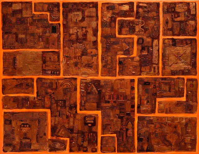 Living room painting by Krzysztof Pająk titled Gold-orange image