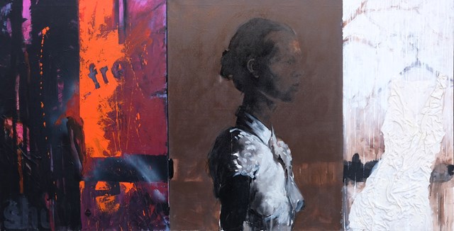 Living room painting by Artur Wąsowski titled My dilemmas, diptych