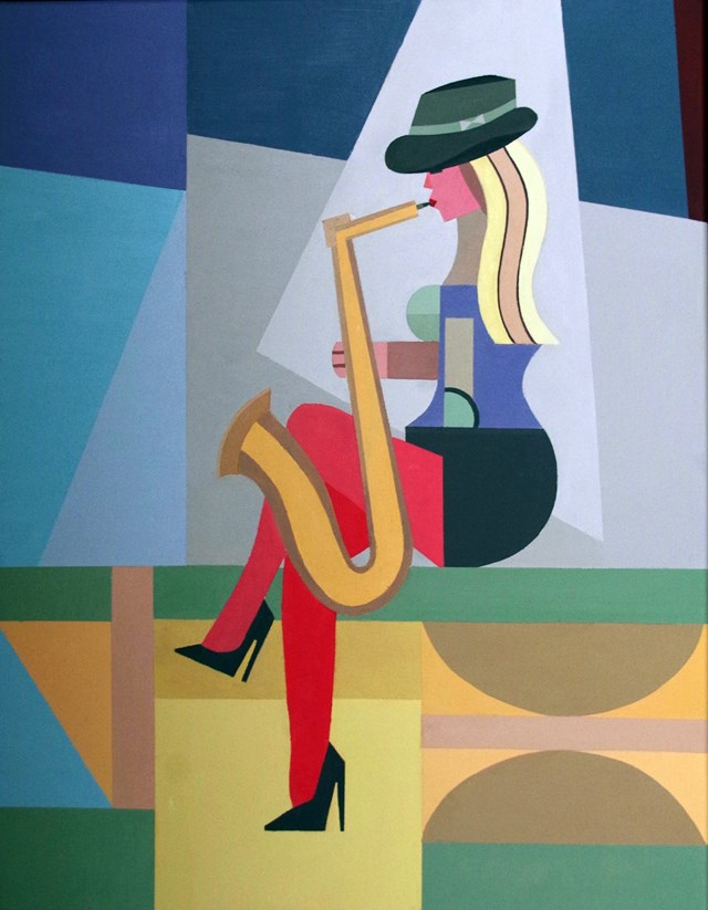 Living room painting by Jan Pływacz titled Musical girl