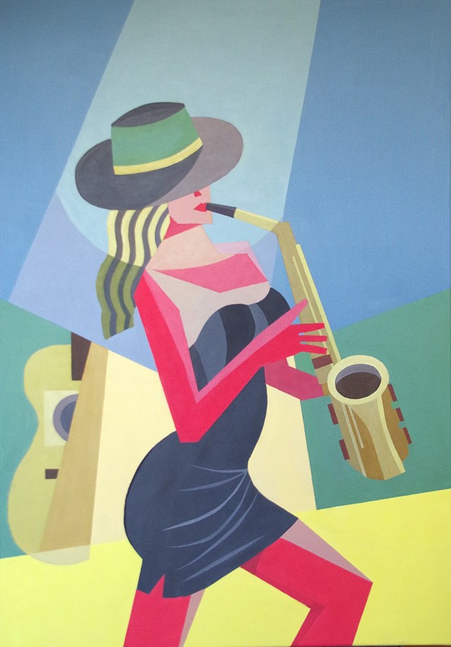 Living room painting by Jan Pływacz titled  A woman with a saxophone