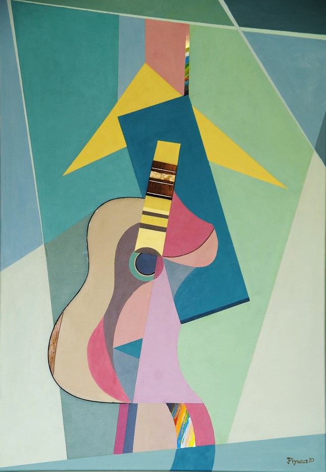 Living room painting by Jan Pływacz titled Women and guitar