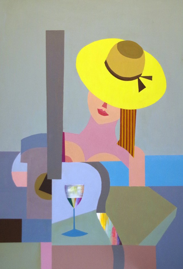 Living room painting by Jan Pływacz titled Woman, guitar and wine