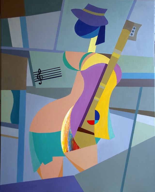 Living room painting by Jan Pływacz titled  A woman with a guitar. 2.