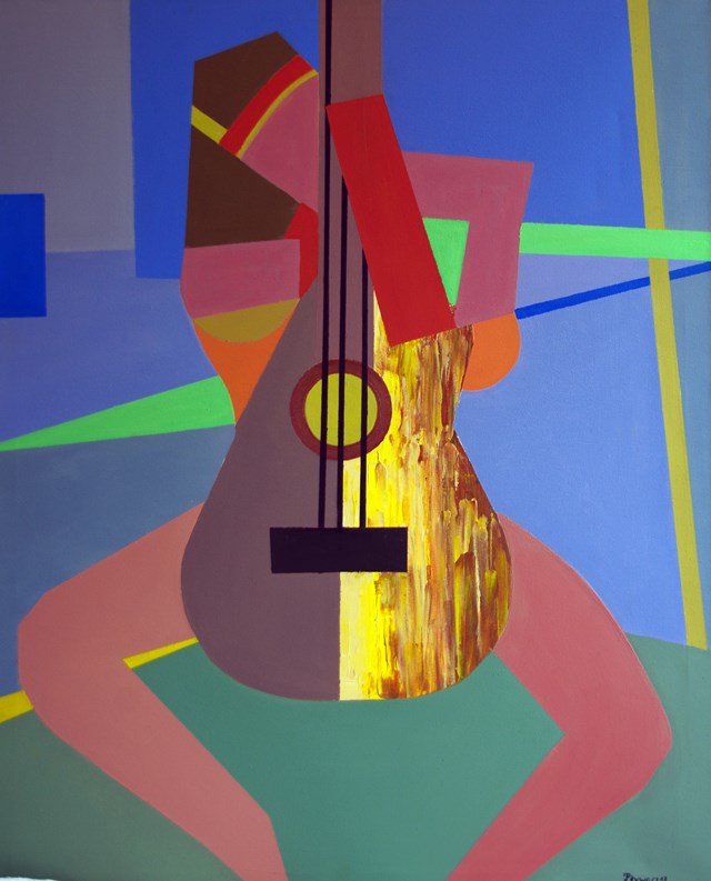 Living room painting by Jan Pływacz titled  A woman with a guitar. 1.