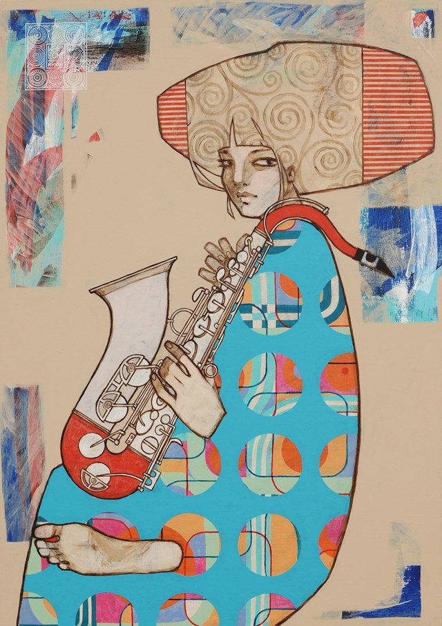 Living room painting by Michał Warecki titled Lady with sax