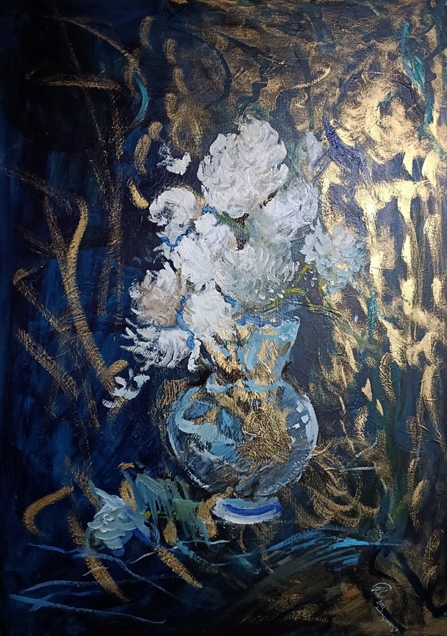 Living room painting by Honorata Chajec titled white chrysanthemums