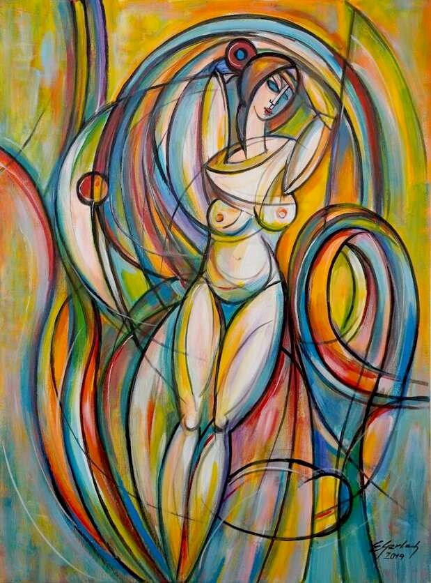 Living room painting by Eugeniusz Gerlach titled Nude on a swing