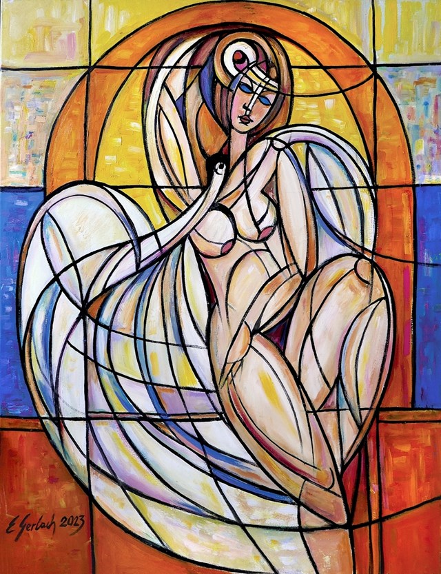 Living room painting by Eugeniusz Gerlach titled Leda and the Swan 023/I, 2023