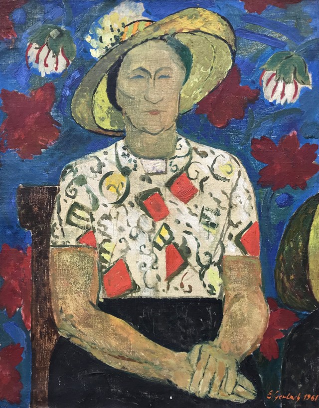 Living room painting by Eugeniusz Gerlach titled Portrait of a woman in a straw hat