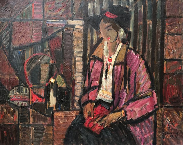 Living room painting by Eugeniusz Gerlach titled Woman with a red book