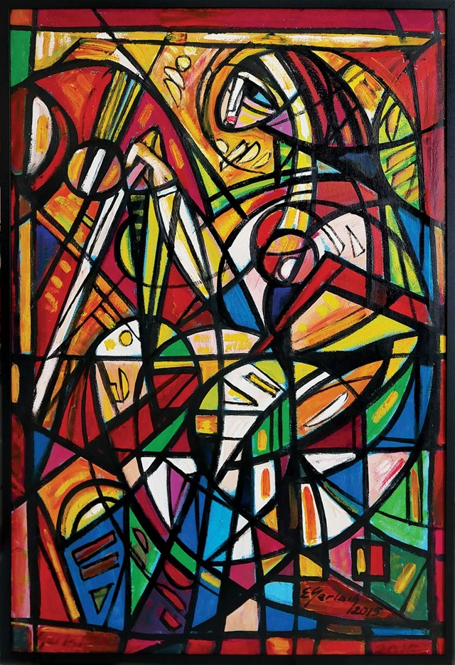 Living room painting by Eugeniusz Gerlach titled Playing the harp