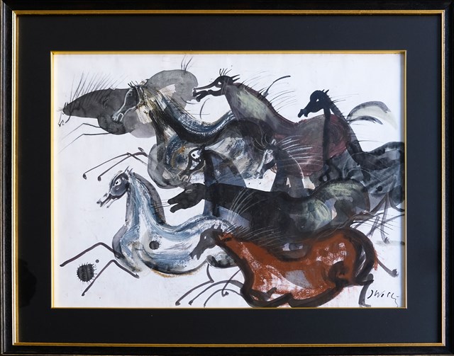 Living room painting by Józef Wilkoń titled Horses