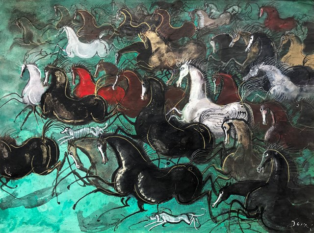 Living room painting by Józef Wilkoń titled Horses