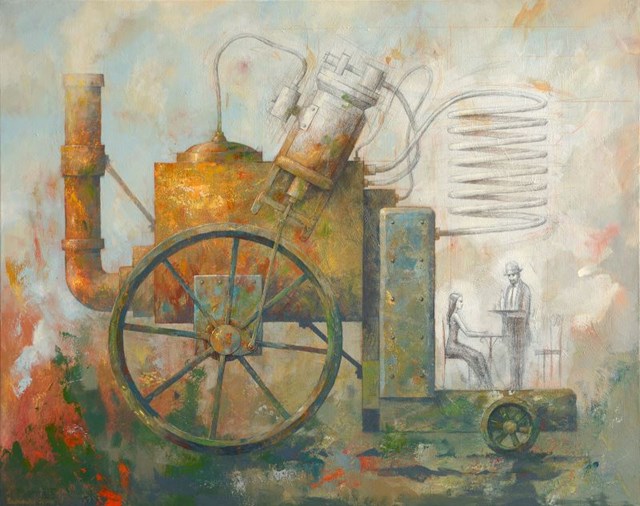 Living room painting by Grzegorz Radziewicz titled Mobile distilling machine
