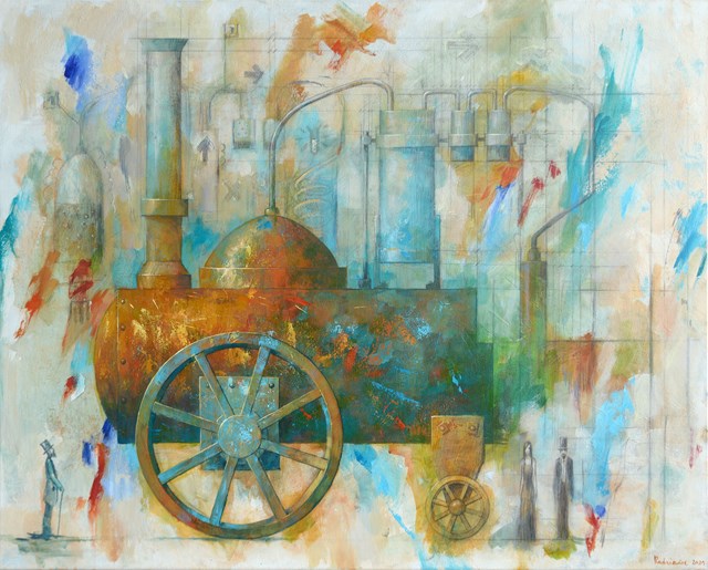 Living room painting by Grzegorz Radziewicz titled Mobile Distilling Machine