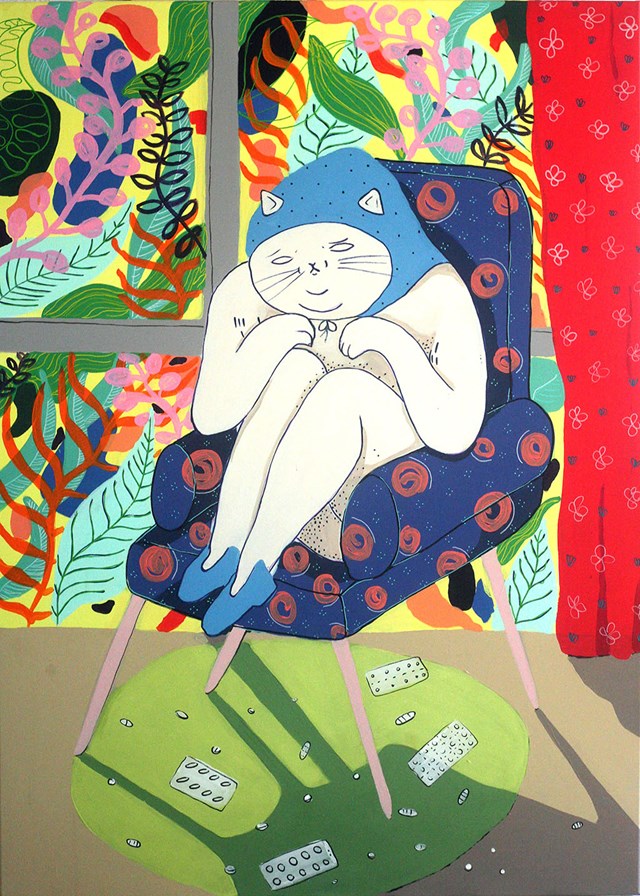 Living room painting by Marysia Jagłowska titled sad cat wondering about the meaning of life