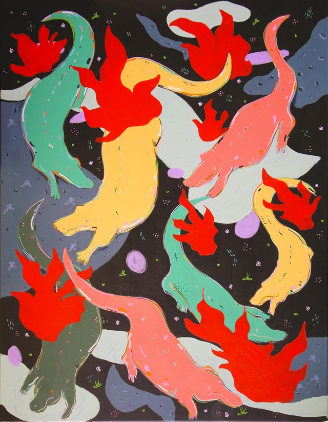 Living room painting by Marysia Jagłowska titled crocodiles escaping from the burning forest