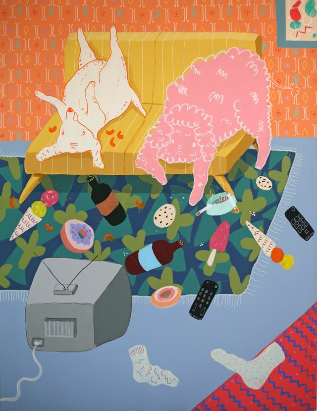 Living room painting by Marysia Jagłowska titled entertainment in quarantine