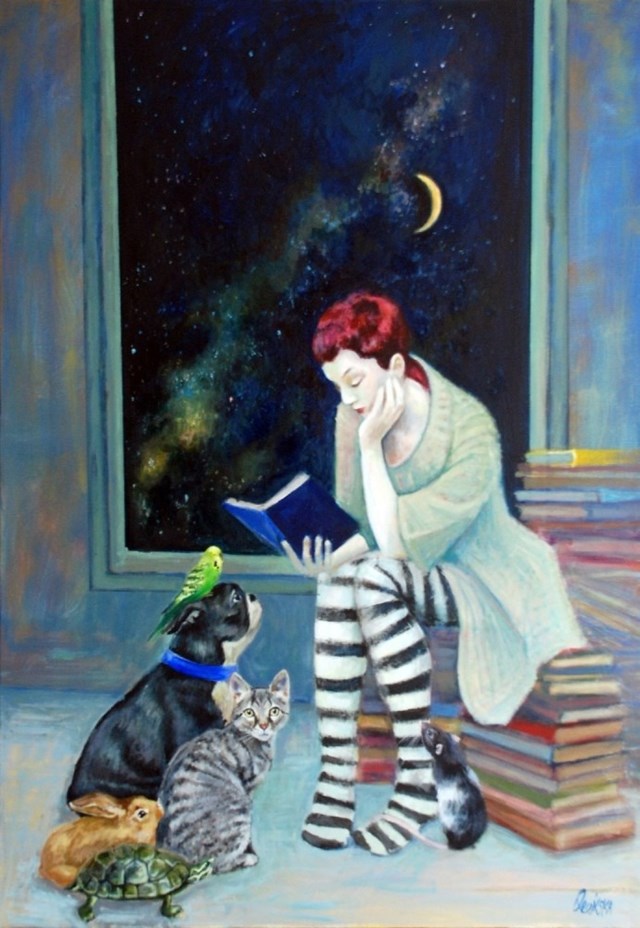 Living room painting by Katarzyna Orońska titled Fairy Tales for Abandoned Animals