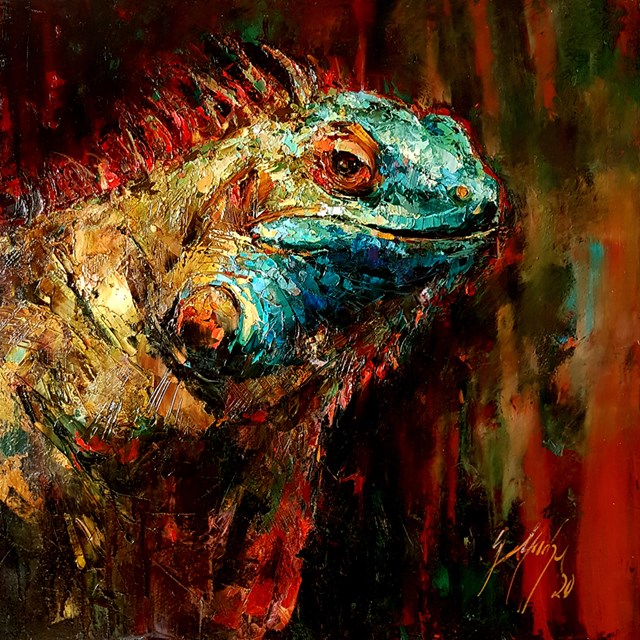 Living room painting by Grażyna Mucha titled Iguana