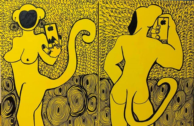 Living room painting by Iwona Molecka titled She and he- crazy yellow - diptych