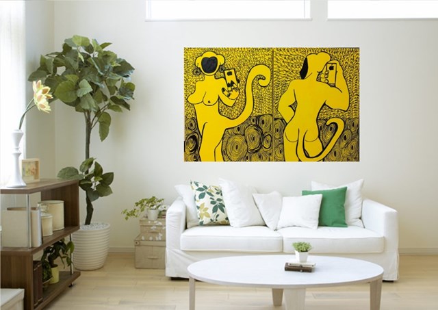She and he- crazy yellow - dyptyk - wizualizacja pracy autora Iwona Molecka