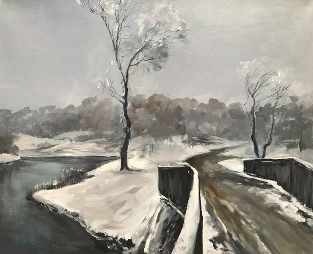 Living room painting by Svitlana Bezkorovaina titled Winter landscape with a bridge and a tree