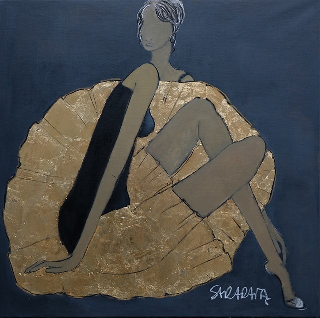 Living room painting by Joanna Sarapata titled Woman in golden dress