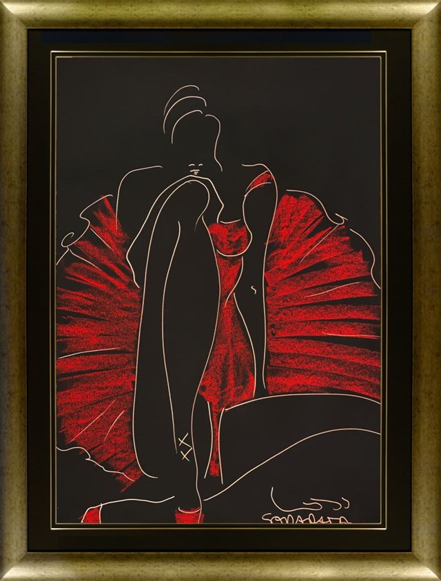 Living room painting by Joanna Sarapata titled Dancer in a red dress