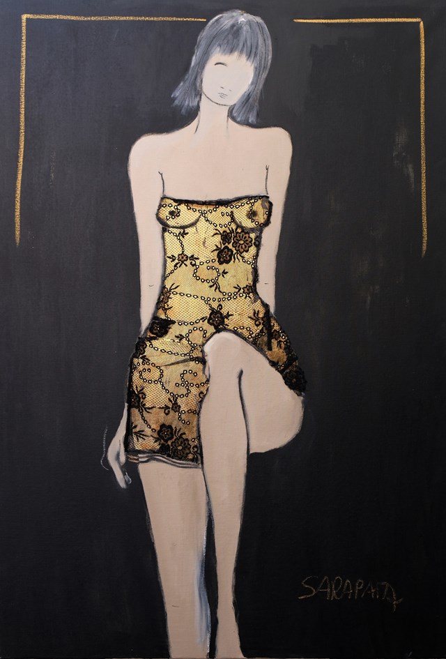 Living room painting by Joanna Sarapata titled Gold lace dress