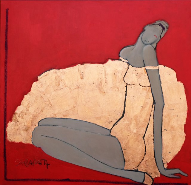 Living room painting by Joanna Sarapata titled Golden ballerina in red