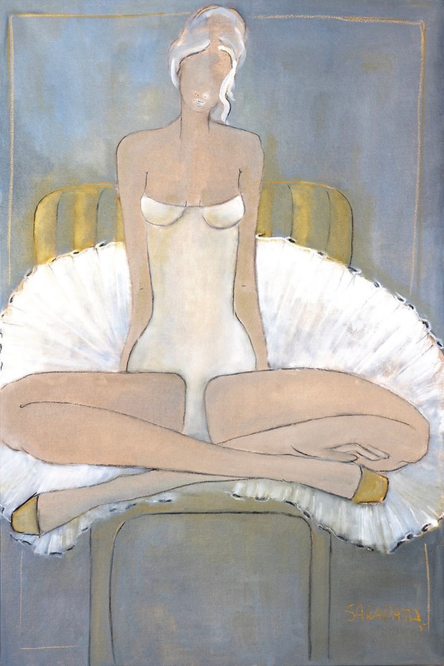 Living room painting by Joanna Sarapata titled Swan Lake - Yellow Chair 