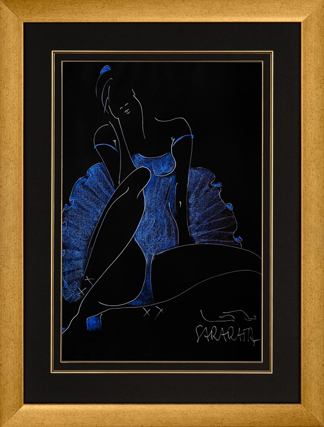 Living room painting by Joanna Sarapata titled Grande Ballerine (Indigo)