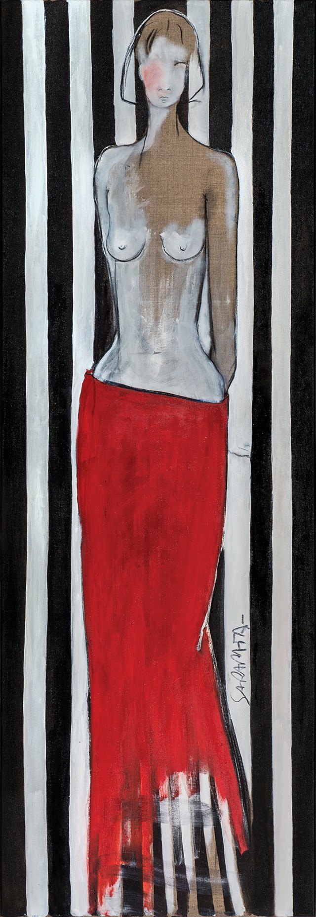 Living room painting by Joanna Sarapata titled Act in red skirt
