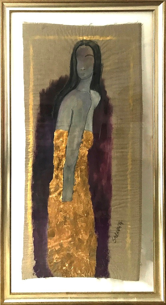 Living room painting by Joanna Sarapata titled Women in gold dress
