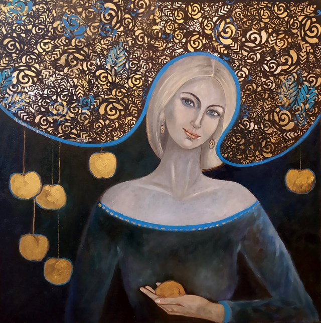 Living room painting by Krystyna Ruminkiewicz titled Taka jedna ze złotymi jabłkami