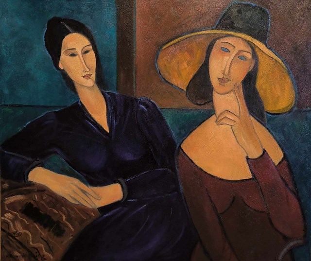 Living room painting by Krystyna Ruminkiewicz titled Hanna Zborowska i Jeanne Hebuterne. Muzy Modiglianiego
